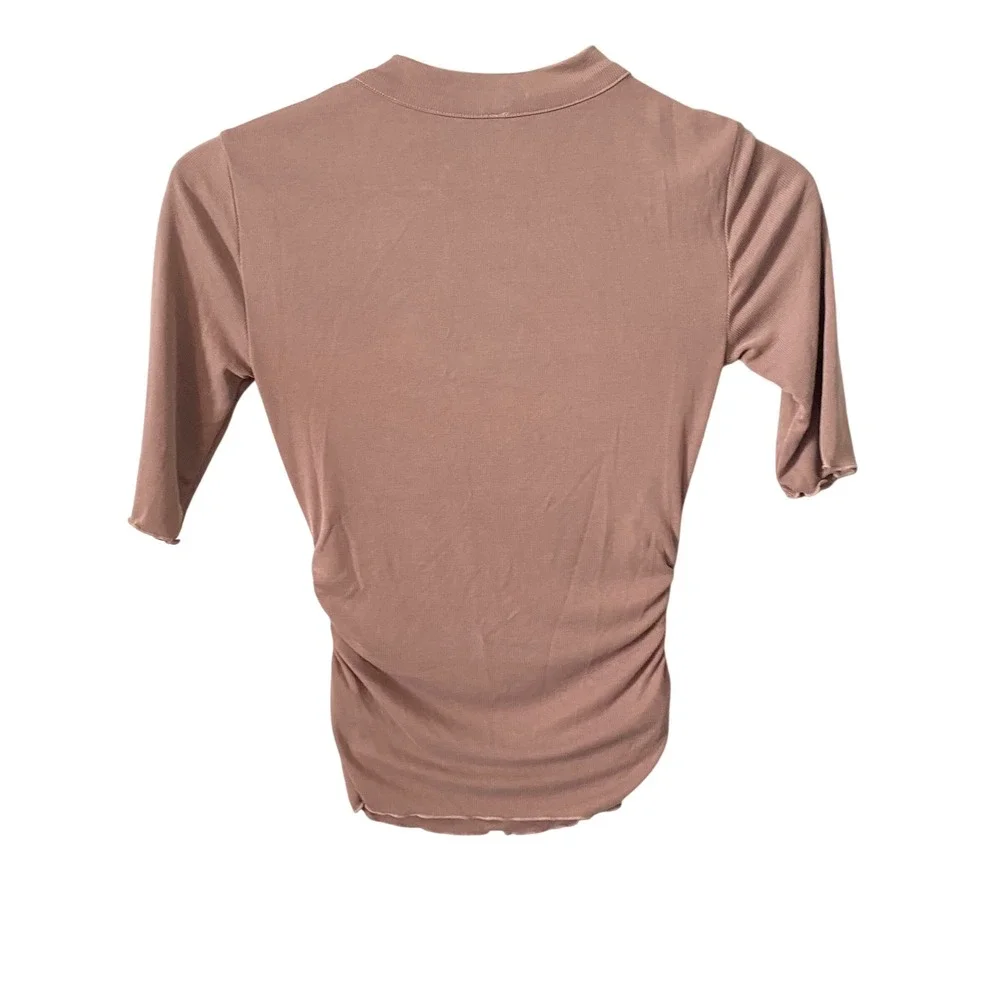 Free People Womens XS‎ Mauve Pink Ribbed Ruched Mock Neck Elbow Sleeve Top